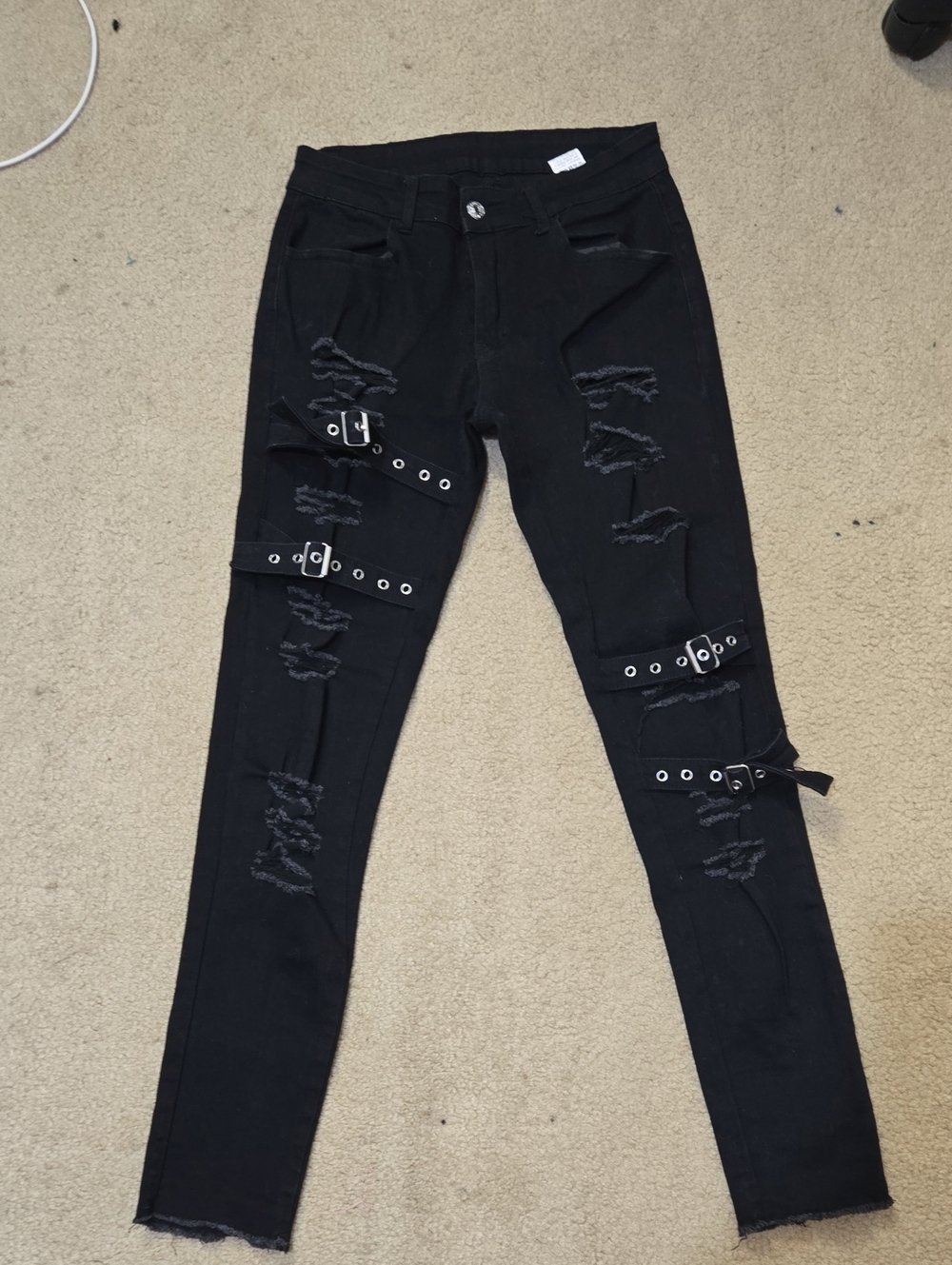 Black Distressed Buckle Detail Women's Jeans Size 28